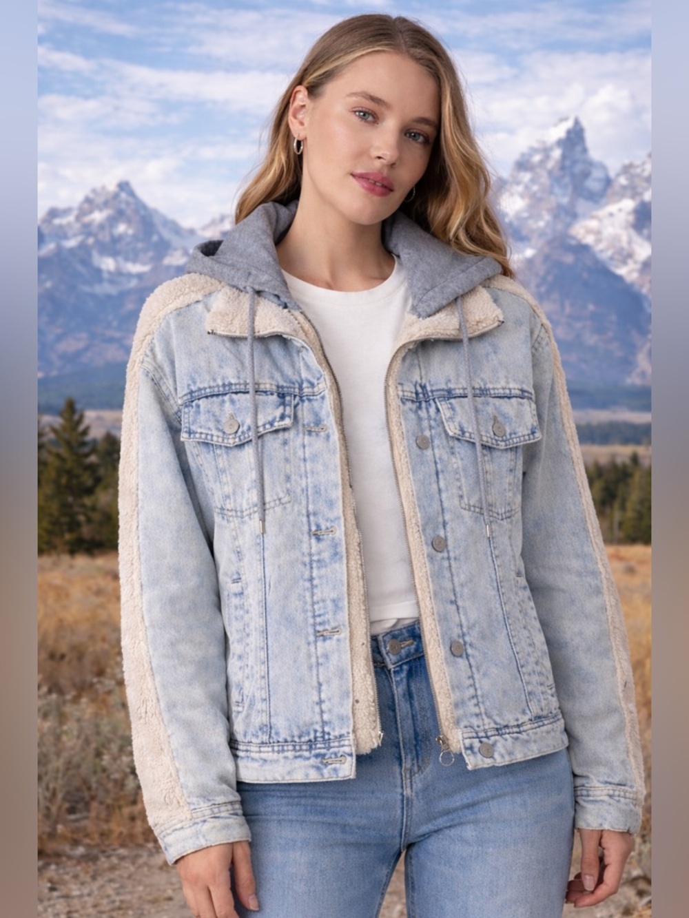 Buckle Hooded Denim Sherpa Jacket Cream + Light Wash NWT Size M Cozy Trendy